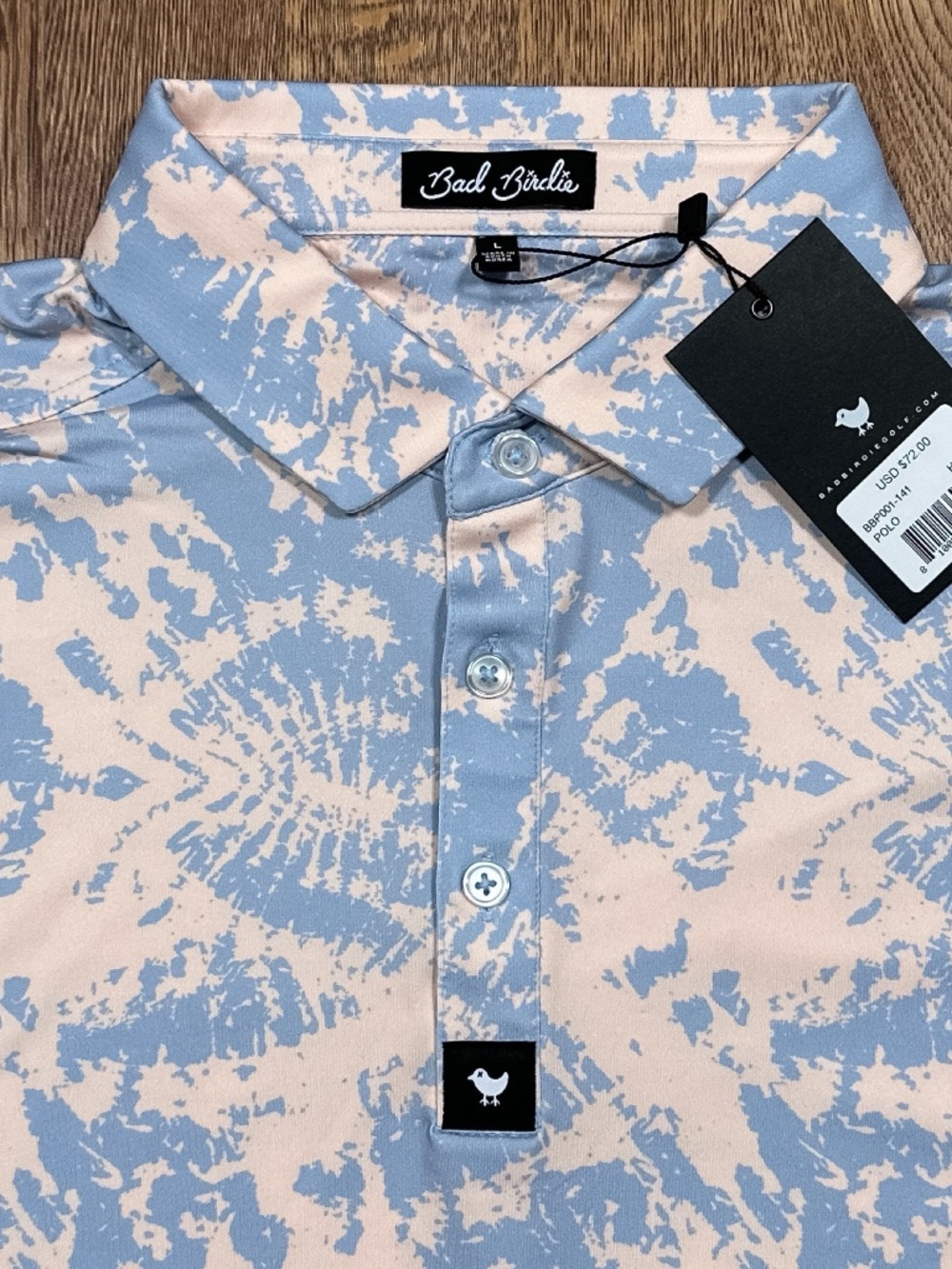 NWT Bad Birdie Hendrix Peach Pink Blue Performance Golf Polo Shirt Mens Large